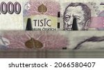 Czech koruna money pack 3d illustration. CZK banknote bundle stacks. Concept of finance, cash, economy crisis, business success, recession, bank, tax and debt.