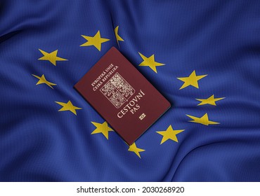Czech passport with the European Union flag in the center of the photo, top view ,3D rendering