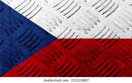 Czech Republic flag on rough metallic surface. 3D image