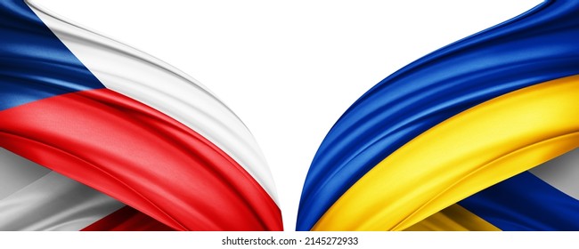 Czech Republic flag and Ukraine flag of silk-3D illustration