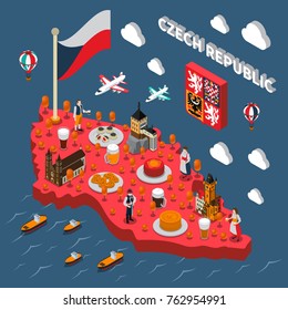 Czech Republic Isometric Map For Travelers With Typical National Food Beer And Astronomical Clock Tower  Illustration 