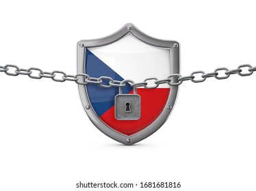 Czech Republic Lockdown Concept. Shield With Lock And Chain. 3D Render