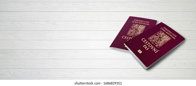 Czech Republic Passports on Wood Lines Background Banner with Copy Space - 3D Illustration