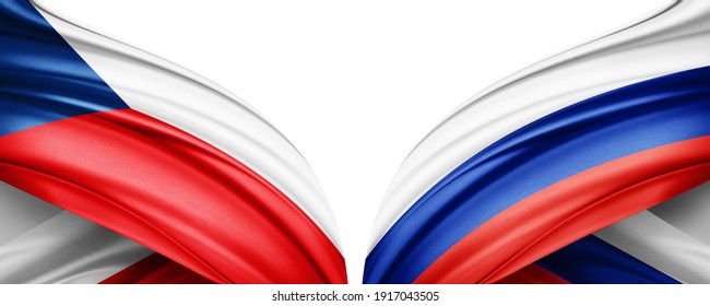 Czech Republic And Russia Flag Of Silk With Copyspace For Your Text And White Background-3D Illustration