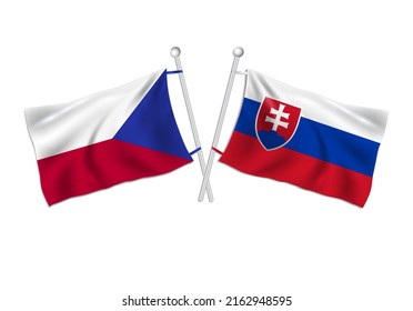 Czechia and Slovakia flag waves on a flagpole, Czechoslovakia flags, white background raster