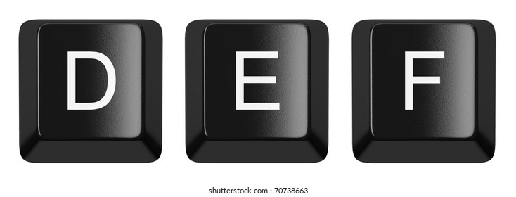 D, E, F black computer keys alphabet isolated on white