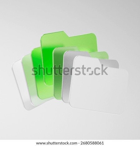 D render of digital file folders in green and white colors, symbolizing data organization, storage, and document management. Modern abstract concept of cloud computing and digital archive.