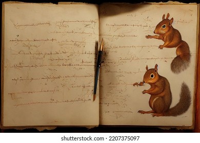 Da Vinci HandWritten Style Annotations Animal Portrait Parchment Biology Sketch Notebook 3D Illustration