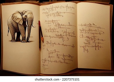 Da Vinci HandWritten Style Annotations Animal Portrait Parchment Biology Sketch Notebook 3D Illustration