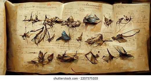 Da Vinci HandWritten Style Annotations Animal Portrait Parchment Biology Sketch Notebook 3D Illustration