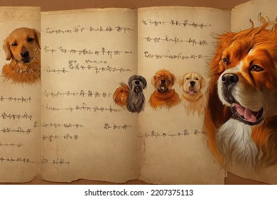 Da Vinci HandWritten Style Annotations Animal Portrait Parchment Biology Sketch Notebook 3D Illustration