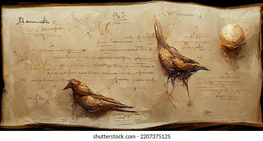 Da Vinci HandWritten Style Annotations Animal Portrait Parchment Biology Sketch Notebook 3D Illustration