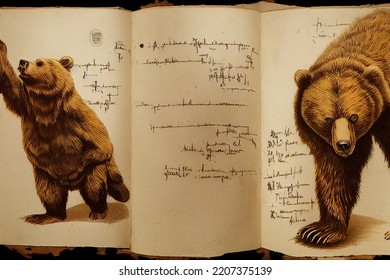 Da Vinci HandWritten Style Annotations Animal Portrait Parchment Biology Sketch Notebook 3D Illustration