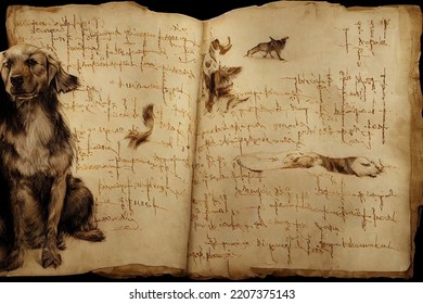 Da Vinci HandWritten Style Annotations Animal Portrait Parchment Biology Sketch Notebook 3D Illustration