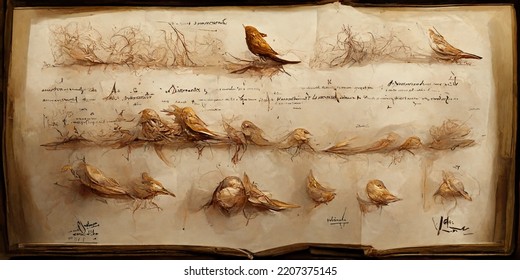 Da Vinci HandWritten Style Annotations Animal Portrait Parchment Biology Sketch Notebook 3D Illustration