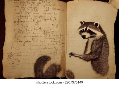 Da Vinci HandWritten Style Annotations Animal Portrait Parchment Biology Sketch Notebook 3D Illustration