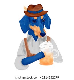 Dachshund Dog In Bavarian Costume Watercolor Clipart.