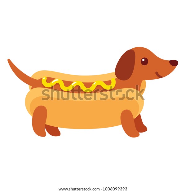 ホットドッグパンにマスタードとダックスフントの子犬 おかしな漫画の絵 かわいいワイナー犬のイラスト のイラスト素材