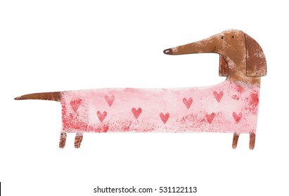 Dachshund In Suit With Hearts. Hand Drawing Illustration