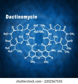 Dactinomycin Cancer Chemotherapy Drug, Structural Chemical Formula On A Blue Background