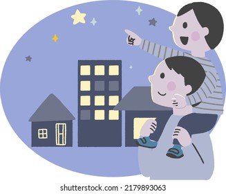 Dad And Boy Walking In A Residential Area At Night. I'm Looking Up At The Night Sky With A Piggyback.