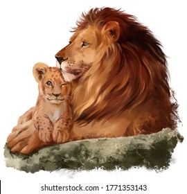 Dad Lion And A Little Lion Cub. Watercolor Drawing