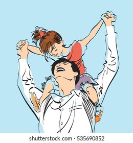 dad with little girl on his shoulders, pop art retro  illustration