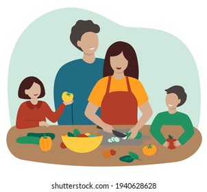 Dad, mom, daughter and son are cooking together in the kitchen. Happy parents and children prepare healthy meals. Friendly family. Fresh vegetables and fruits on the table. Isolated cartoon flat style - Powered by Shutterstock