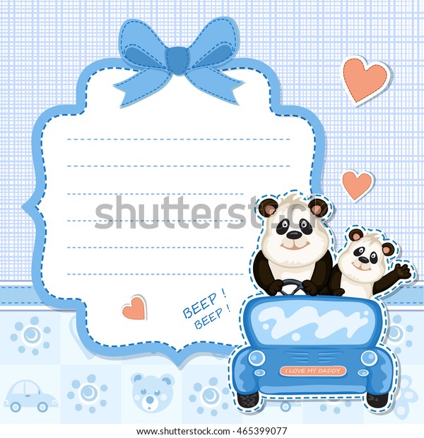 Daddy and baby panda in a blue car. Baby\
shower invitation