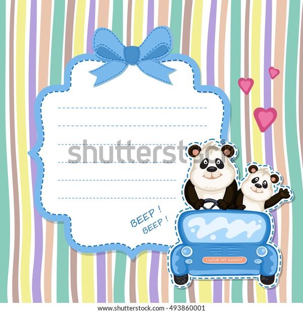 Daddy and baby panda in a blue car. Baby\
shower invitation