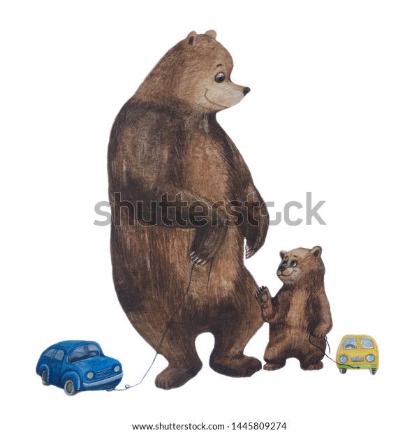 Daddy brown\
bear walks with his little teddy bear son, in the paws of bears\
ropes with yellow and blue toy\
cars