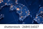 Daejeon map big data visualization. Futuristic map infographic of city in South Korea. Visual map data complexity in modern blue and orange colors. 3D Illustration
