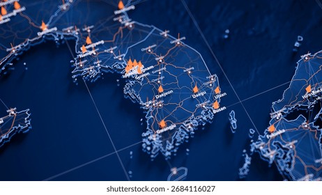 Daejeon map big data visualization. Futuristic map infographic of city in South Korea. Visual map data complexity in modern blue and orange colors. 3D Illustration
