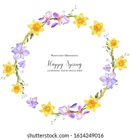 Daffodil flowers in floral watercolor wreath on a white background, watercolor with clipping path