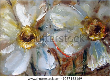 Daffodils, pale yellow delicate flowers, oil on canvas, painting, pictorial art