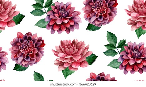 Dahlia Watercolor Flowers Background. Floral Seamless Pattern 