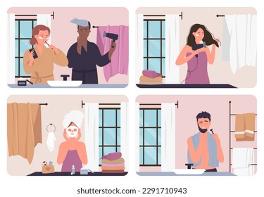 Daily hygiene of people in bathroom set illustration. Cartoon young man, woman or couple of characters in everyday personal care, skincare, moisturizing and cleansing procedure background - Powered by Shutterstock