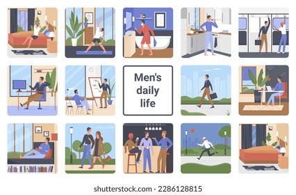 Daily life routine of young man set illustration. Cartoon everyday activity of male character, businessman working at office workplace, guys meeting in bar at weekend collection background - Powered by Shutterstock