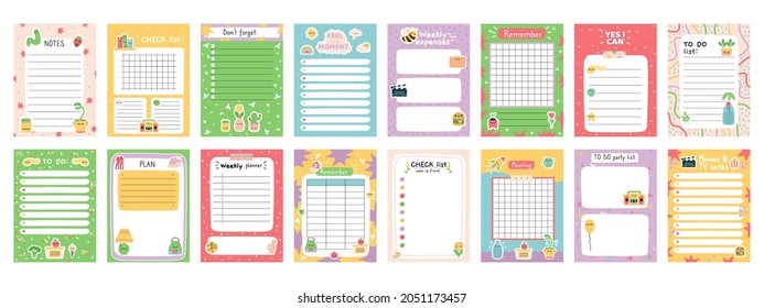 Daily note planners. Weekly scheduler, to do list, note paper or organiser sheets with hand drawn stickers  illustration set. Cute doodle daily planner. Childish design of check list, meeting - Powered by Shutterstock