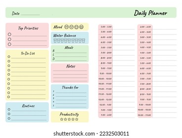 Daily planner printable template. Blank white notebook page A4. Business organizer schedule page for a day for effective planning. Schedule template. Paper sheet. Illustration design - Powered by Shutterstock