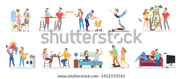 Daily Routine Man Woman Loving Couple Stock Illustration 1452193565 ...