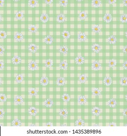 Daisy And Gingham Seamless Pattern. Floral Pastoral Illustration For Print, Background, Textile, And Wrapping Paper.
