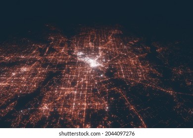 Dallas Aerial View At Night. Top View On Modern City With Street Lights. Satellite View With Glow Effect