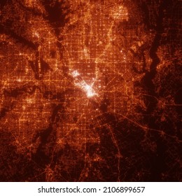 Dallas City Lights Map, Top View From Space. Aerial View On Night Street Lights. Global Networking, Cyberspace. High Resolution