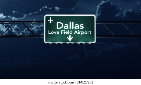 Dallas Love Field USA Airport Highway Sign At Night 3D Illustration