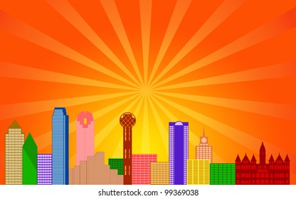 Dallas Texas City Skyline Panorama Color Silhouette With Sun Rays Clip Art Illustration