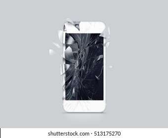 Damaged Cell Phone Display, Scattered Shards, 3d Rendering. Smartphone Monitor Broken Mock Up. Cellphone Crashed And Scratched. Telephone Screen Glass Hit. Device Destroy Problem. Smash Gadget, Repair