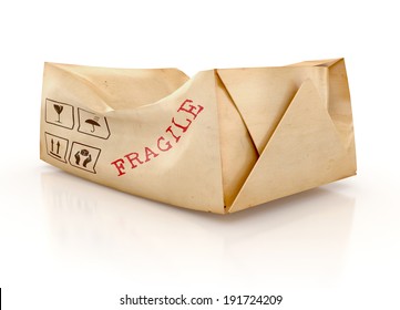 Damaged Package With A Fragile Handle With Care Sign, Isolated On White Background. 3d Illustration