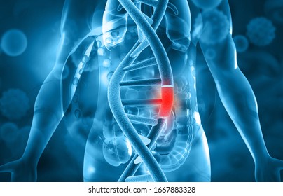 Damages Dna With Human Body On Scientific Background. Dna Disease. 3d Illustration 