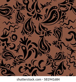 Damask seamless floral background pattern in black and brown colors.
